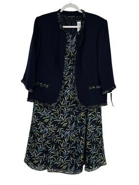 NWTS Bahari Size 18W Blue/Green Polyester Leaf Print 2 Piece Jacket/Dress Set